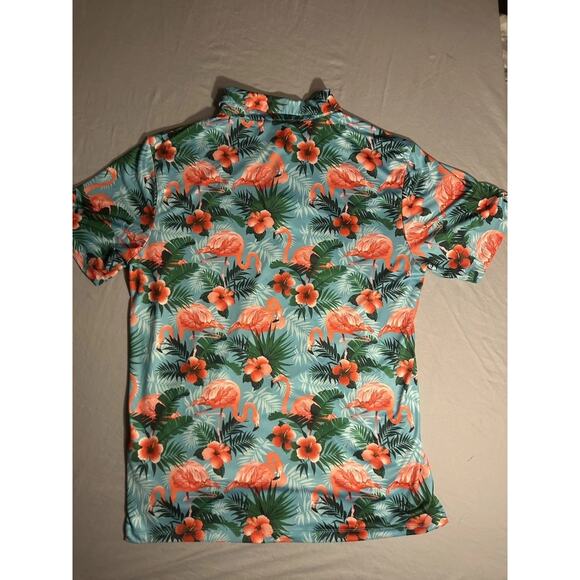Yatta Golf Polo Shirt Mens Large Blue Pink Flamingo Floral Palm Print Hawaiian - Picture 4 of 5